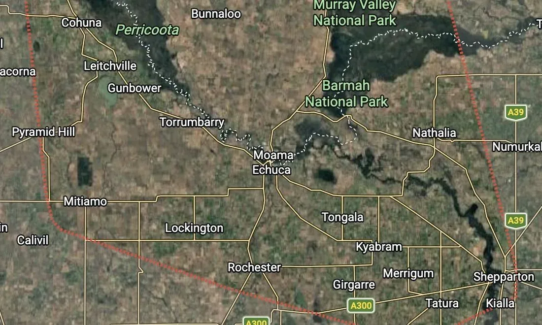 Map of the Ireland Refrigeration service area, centred on Echuca and Moama